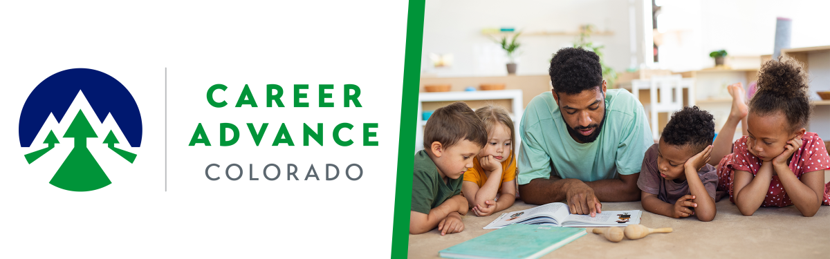 Career Advance Colorado logo with image of male ECE teacher reading to children