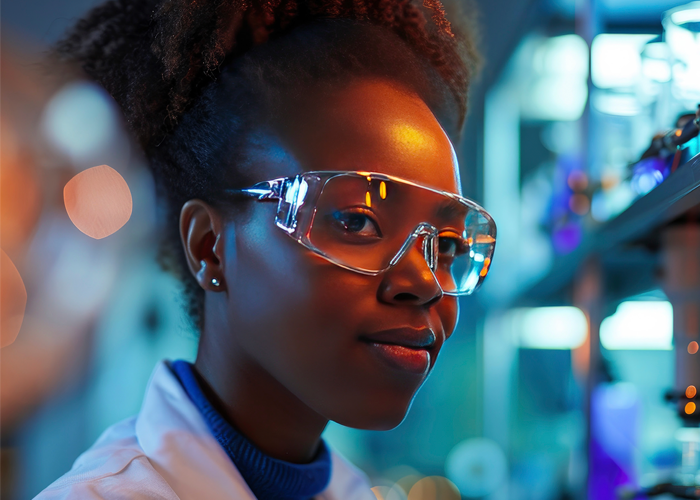 Young woman wearing safety goggles and a lab coat, smiling.