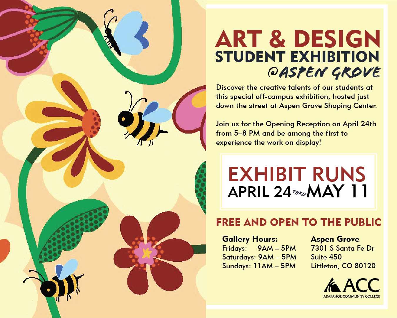 Aspen Grove Student Exhibition flyer with cartoon flowers and bees