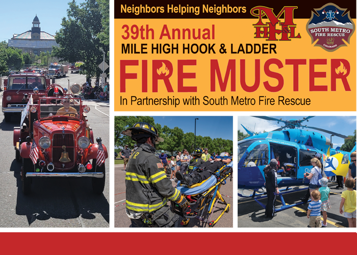 Firetrucks and response vehicles in a parade in downtown Littleton, Colorado. EMS personnel simulating response. Children's One helicopter with children touring. 