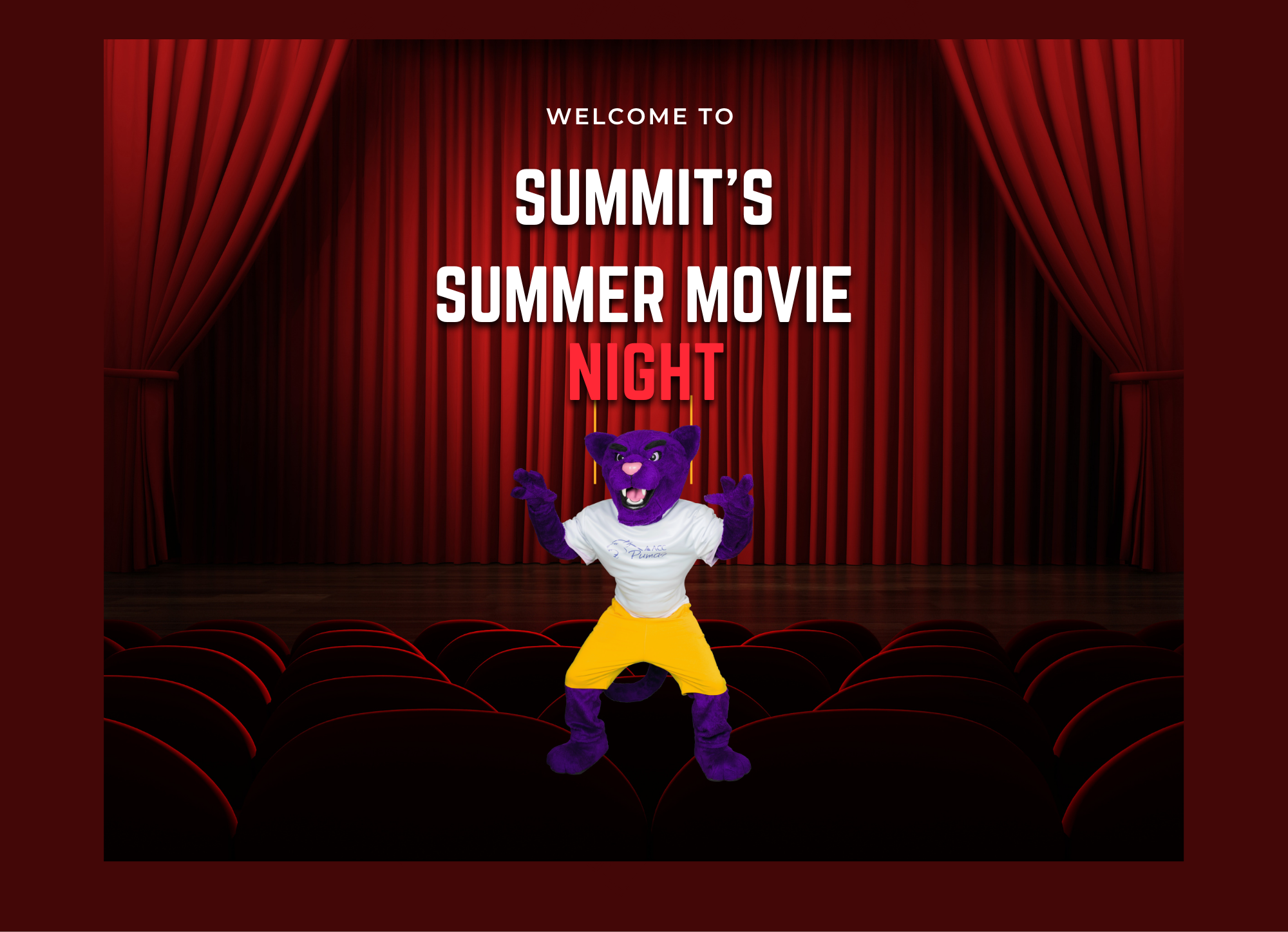 Summit's Summer Move Night - Summit, ACC's Puma Mascot, in front of red curtains