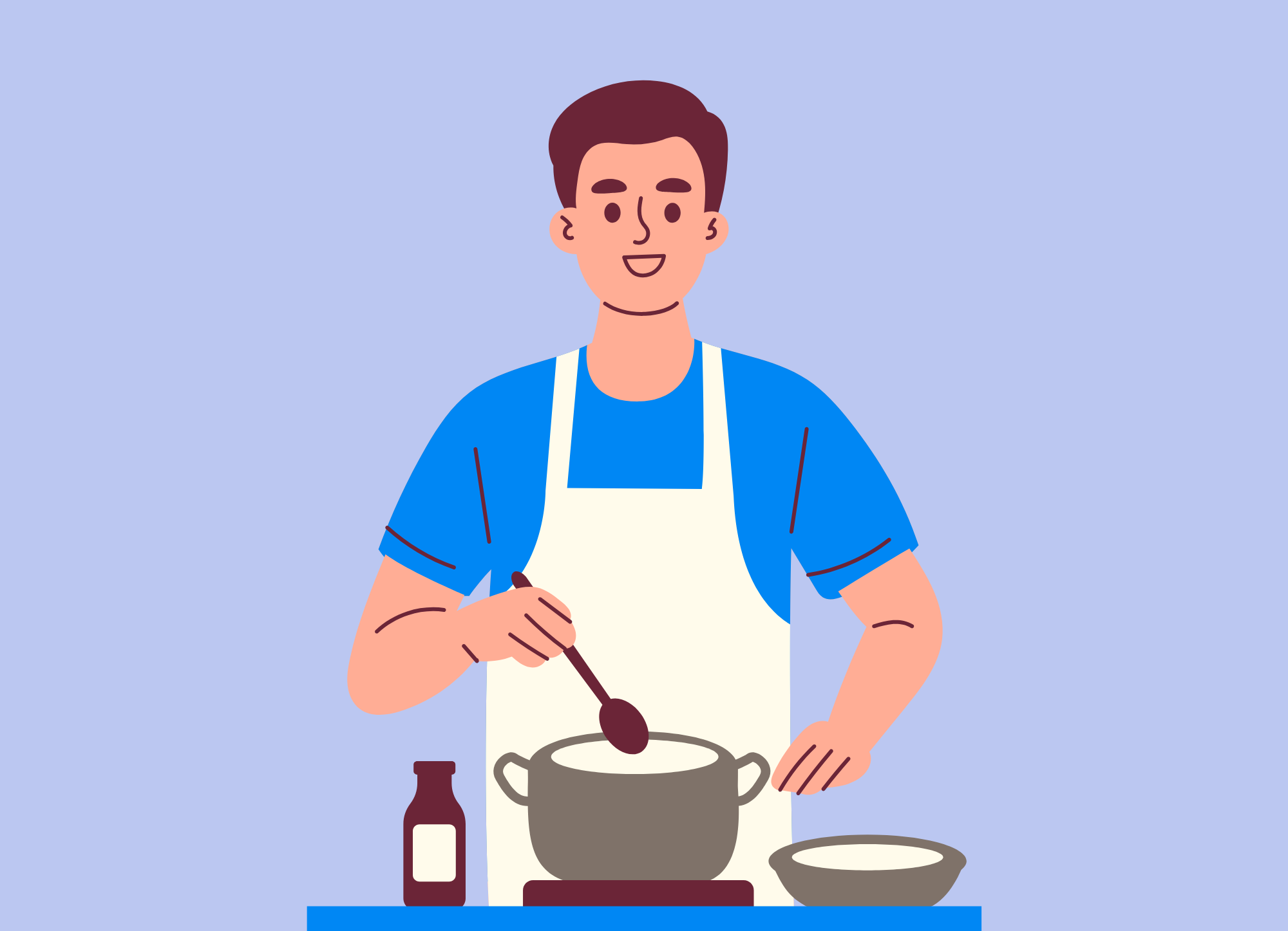 cartoon man with apron cooking with pot and pan on a stove