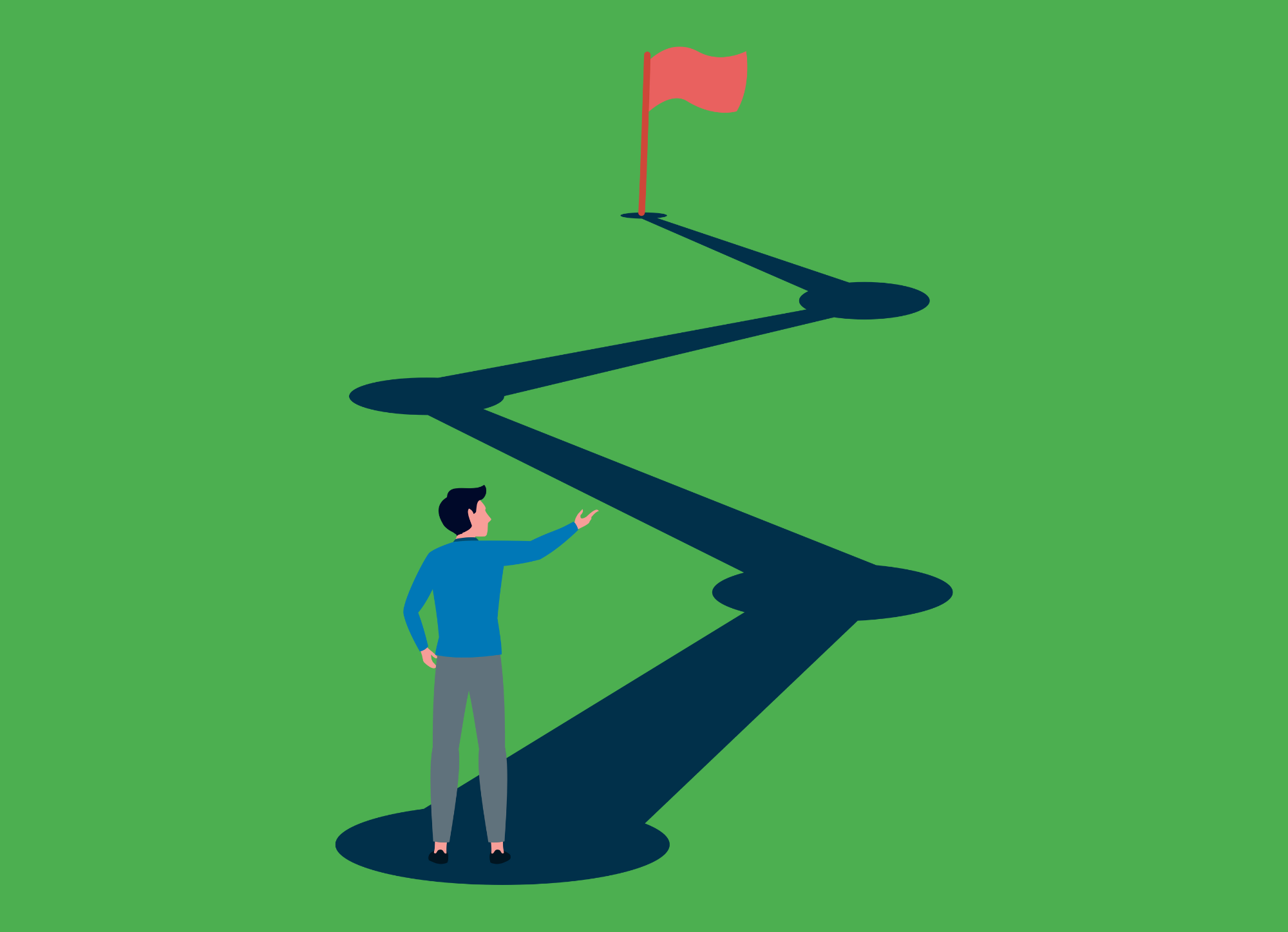 cartoon person on a road heading toward a red flag