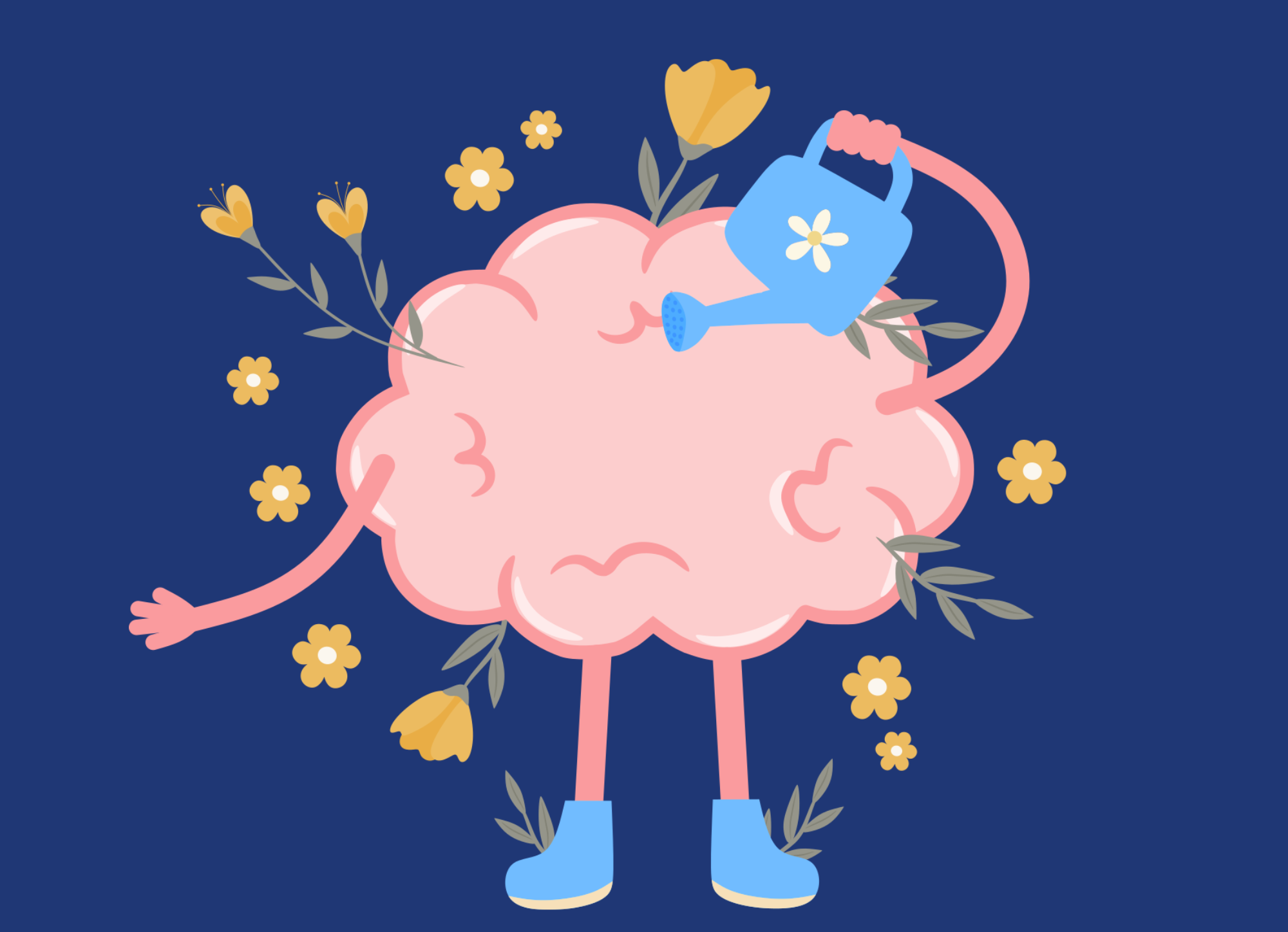 cartoon brain watering itself with a watering can