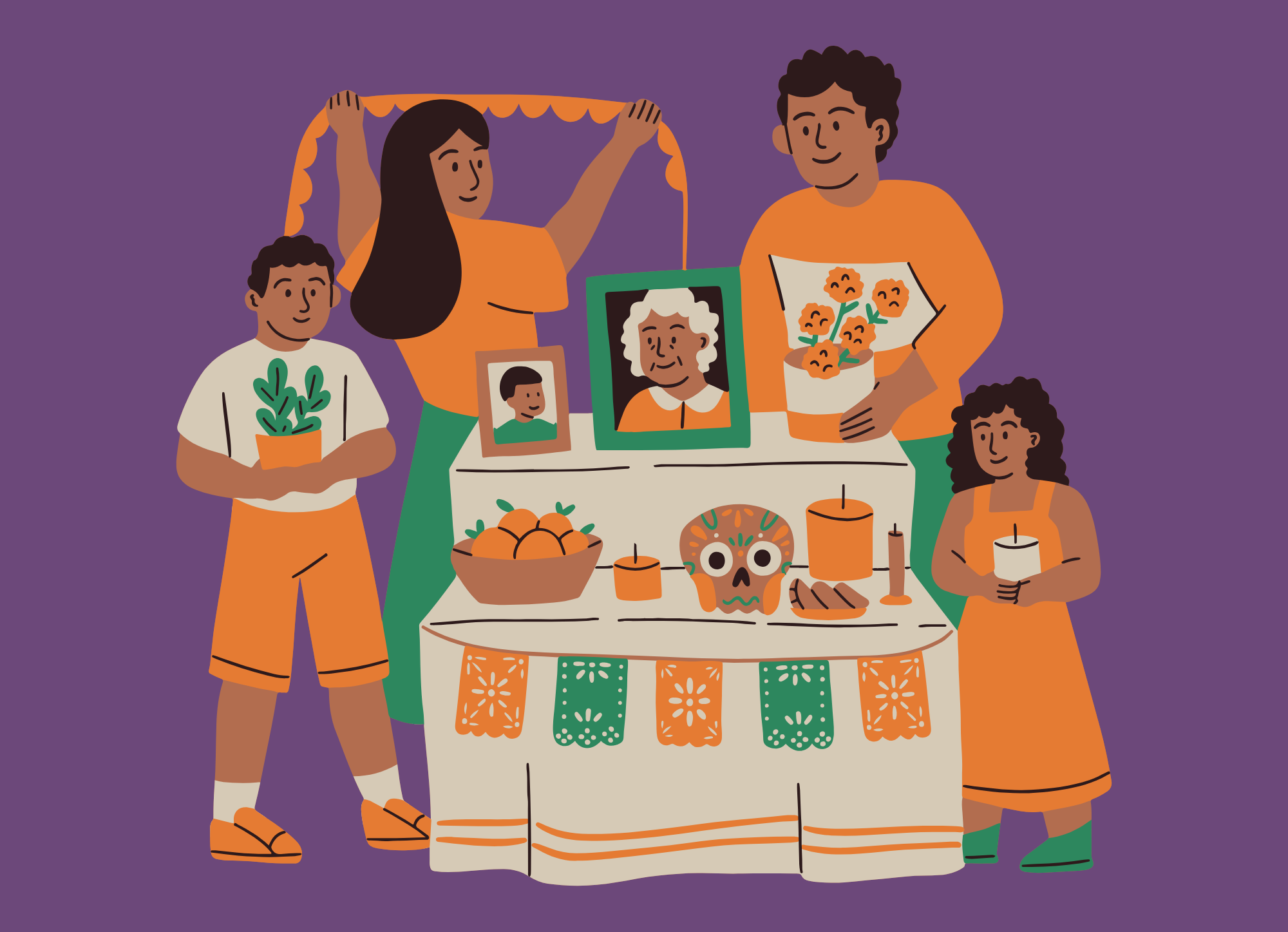 cartoon family celebrating at Dia de los Muertos altar