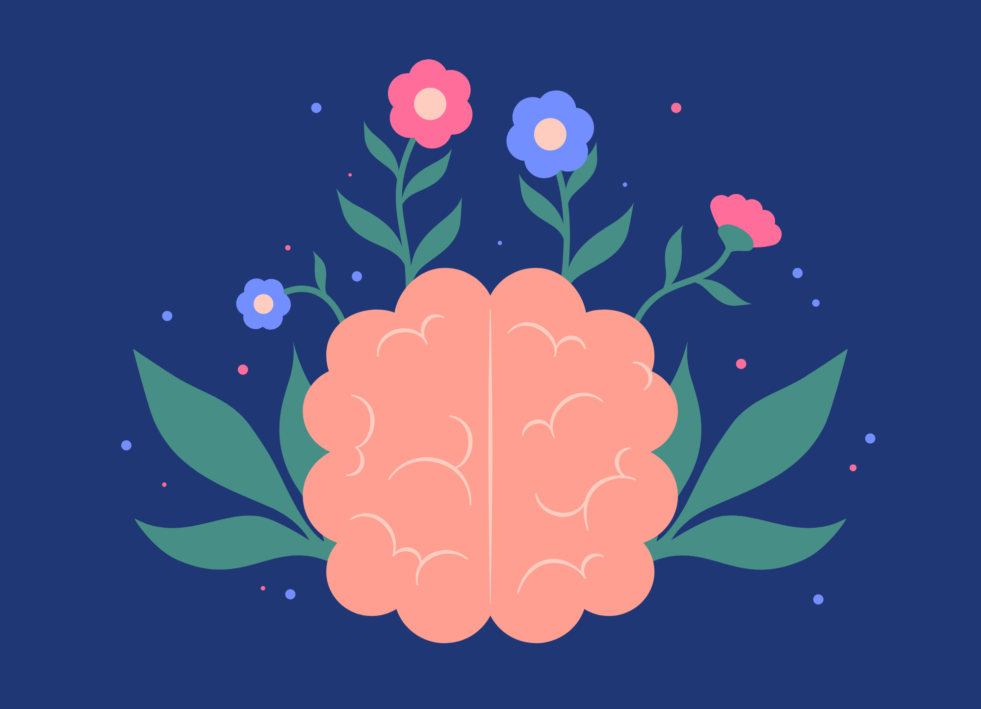 cartoon brain with flowers and leaves growing out of it