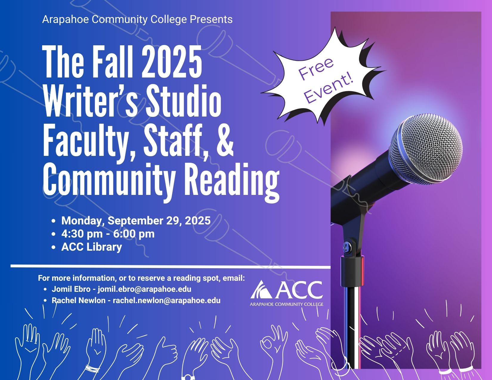 Fall 20205 Writer's Studio Faculty, Staff, & Community Reading flyer