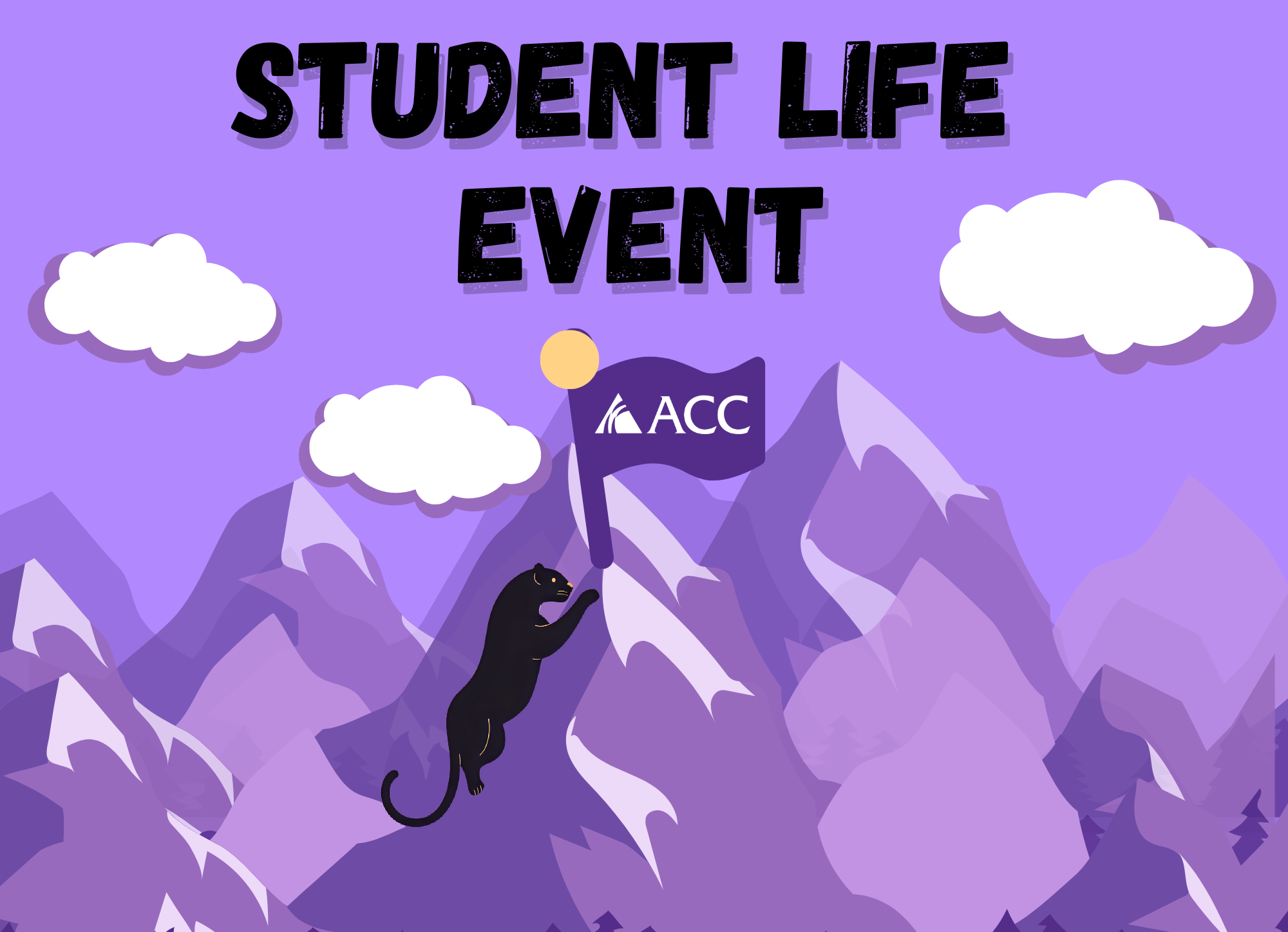 Student Life Event - cartoon puma climbing up a mountain with an ACC flag