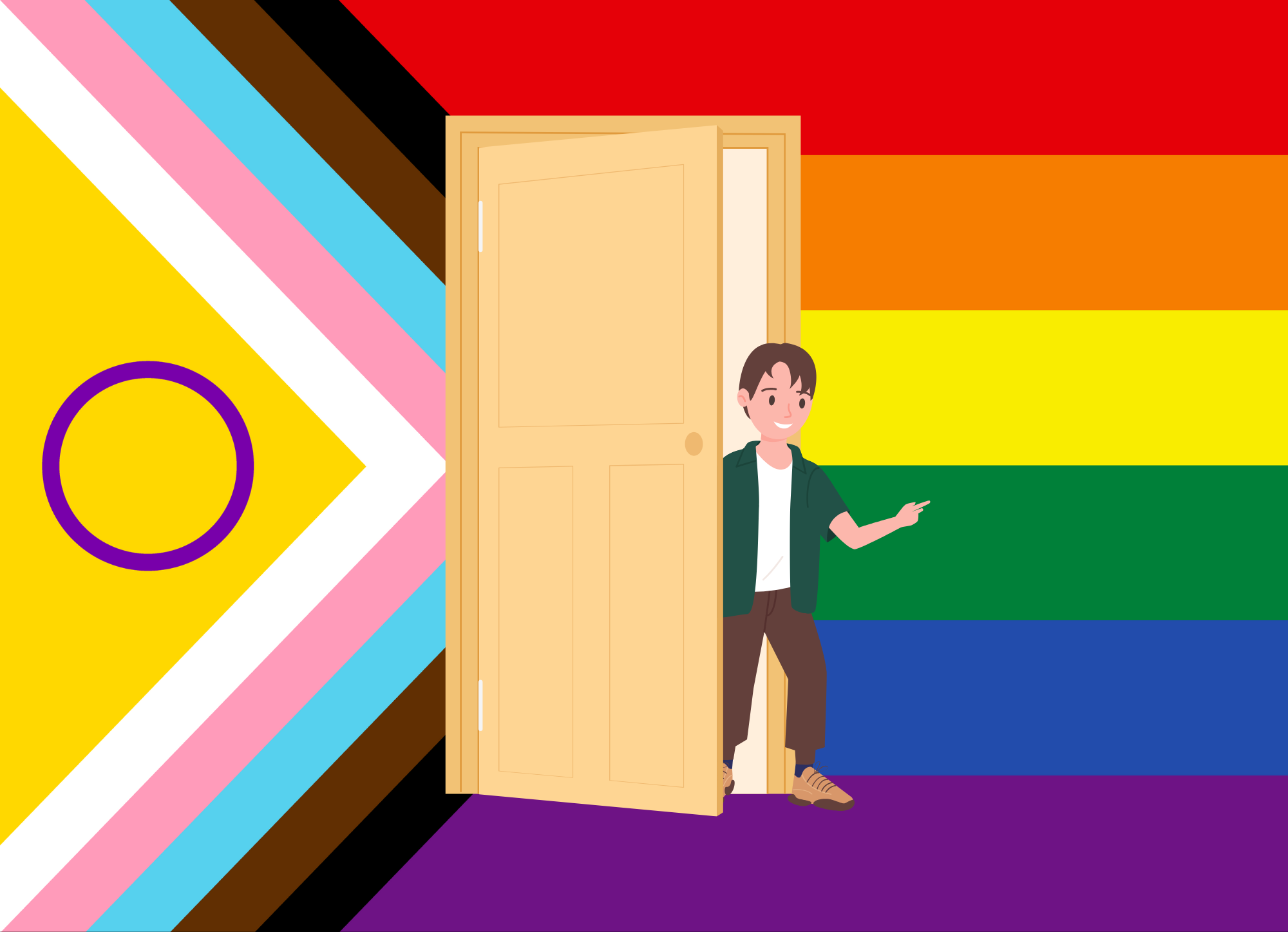 Cartoon person coming out of a door in front of an LGBTQ+ flag