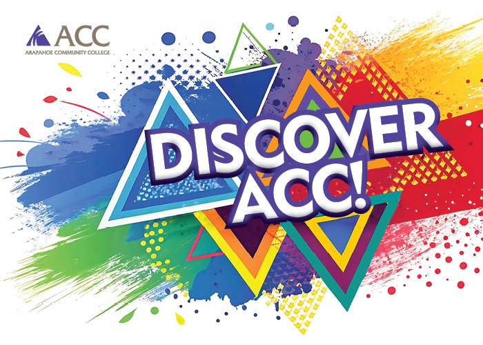 Discover ACC! (rainbow color splatter over triangles and ACC logo)