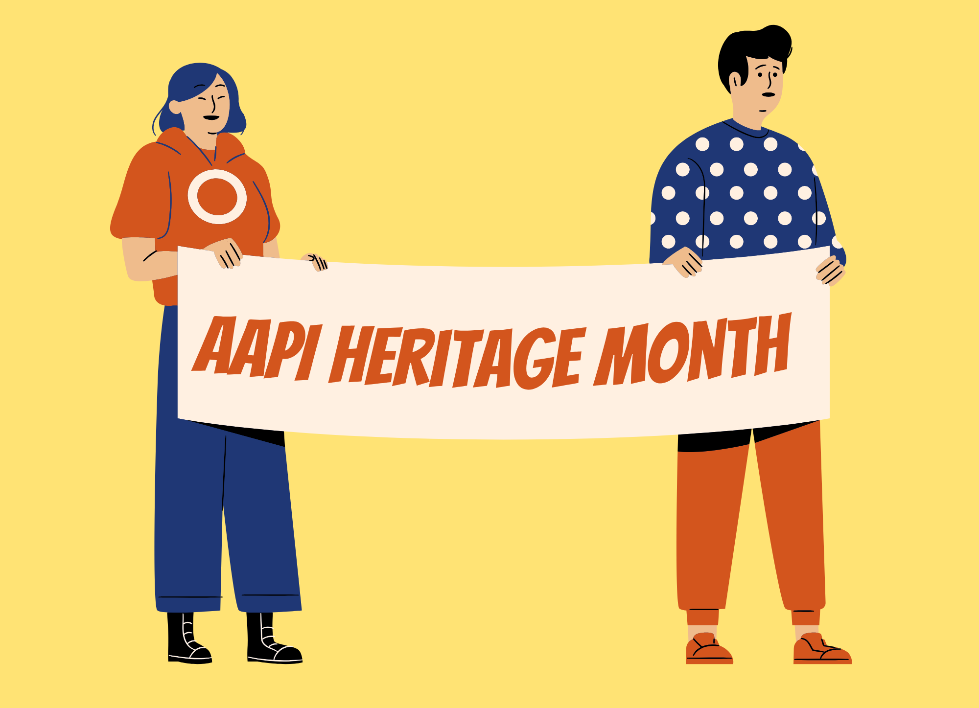 2 cartoon people holding a banner that says "AAPI Heritage Month"
