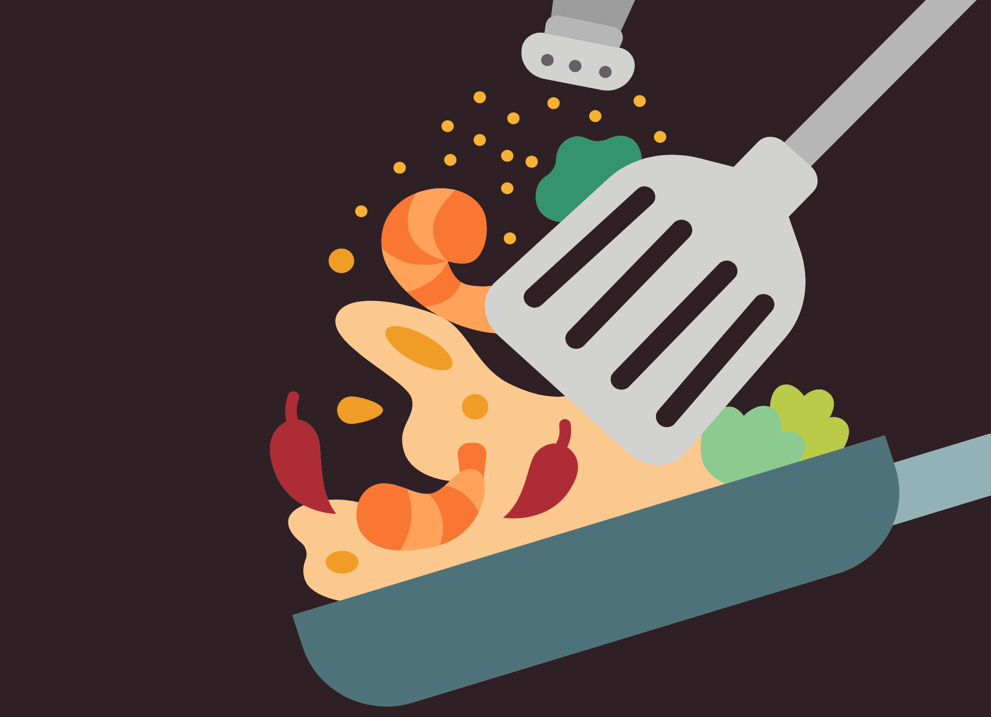 cartoon spatula and pan flipping food around