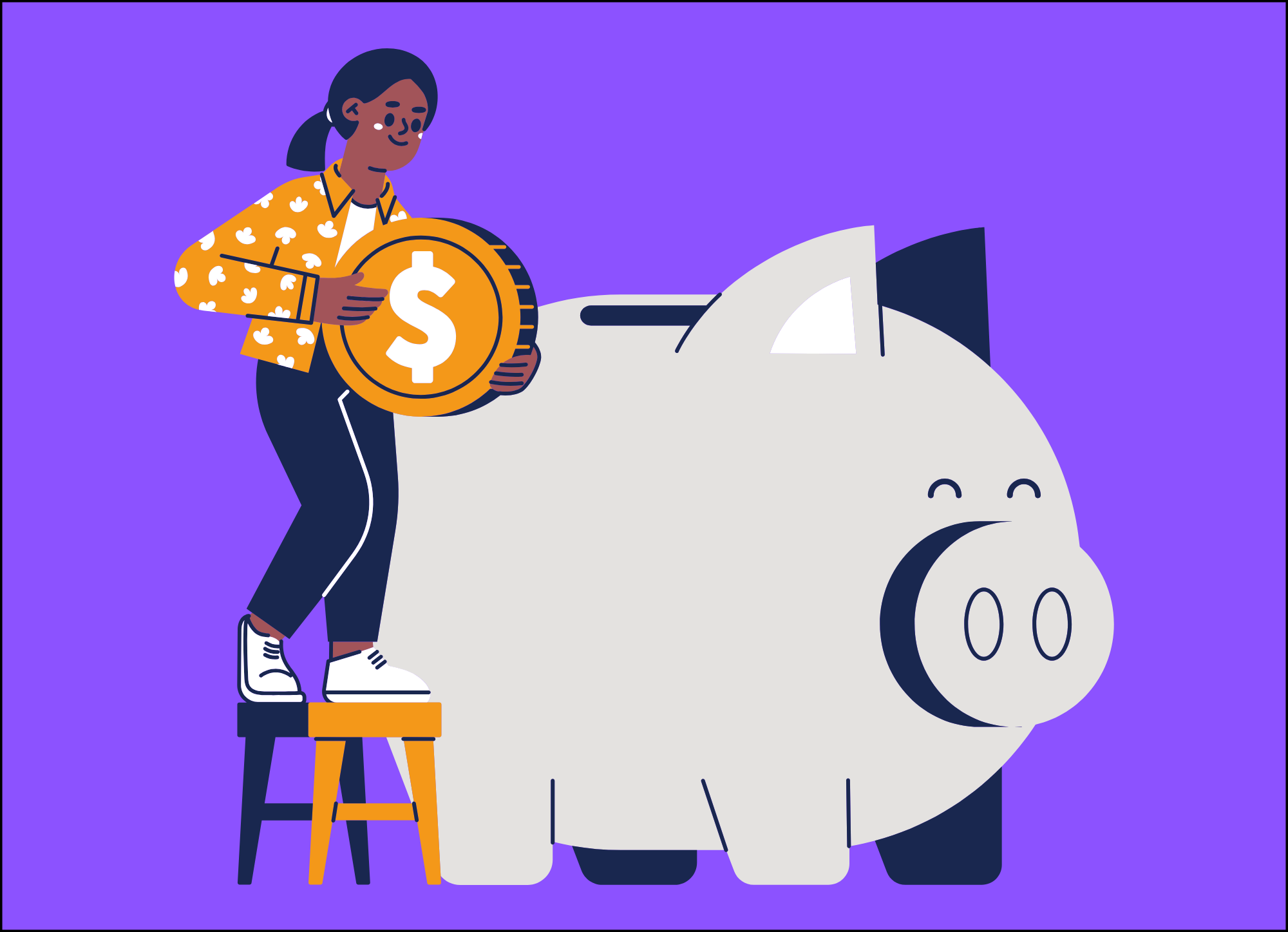 Cartoon woman holding giant coin next to lifesize piggy bank.