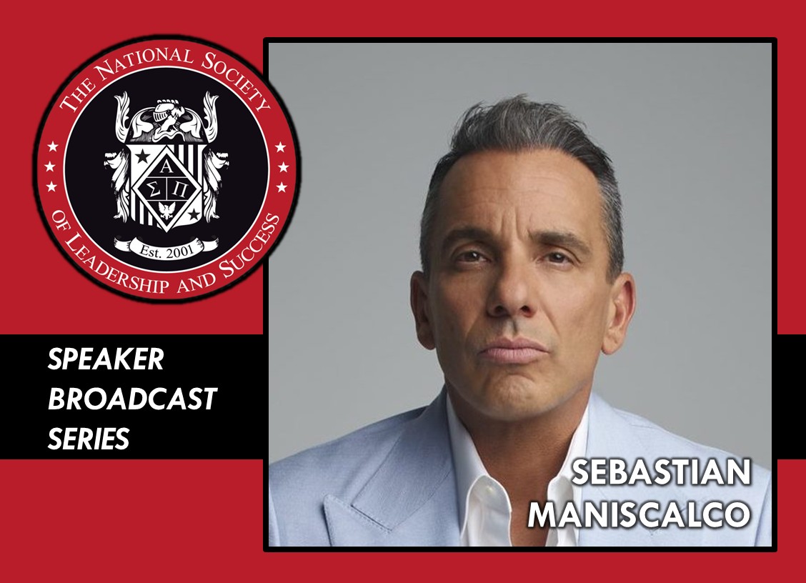 NSLS logo - Sebastian Maniscalco photo - NSLS Speaker Broadcast Series