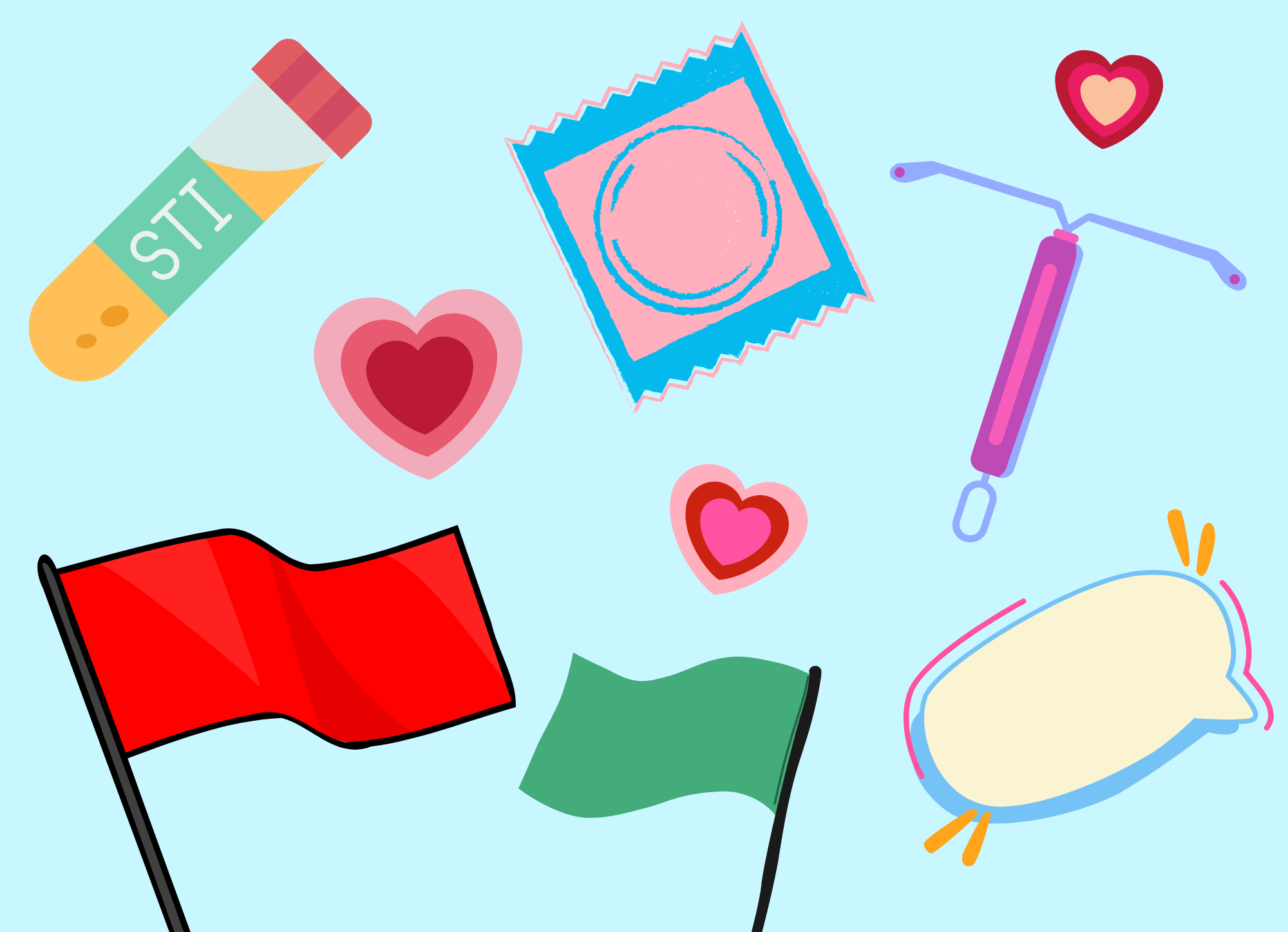 cartoon picture of red and green flags and various methods of contraception