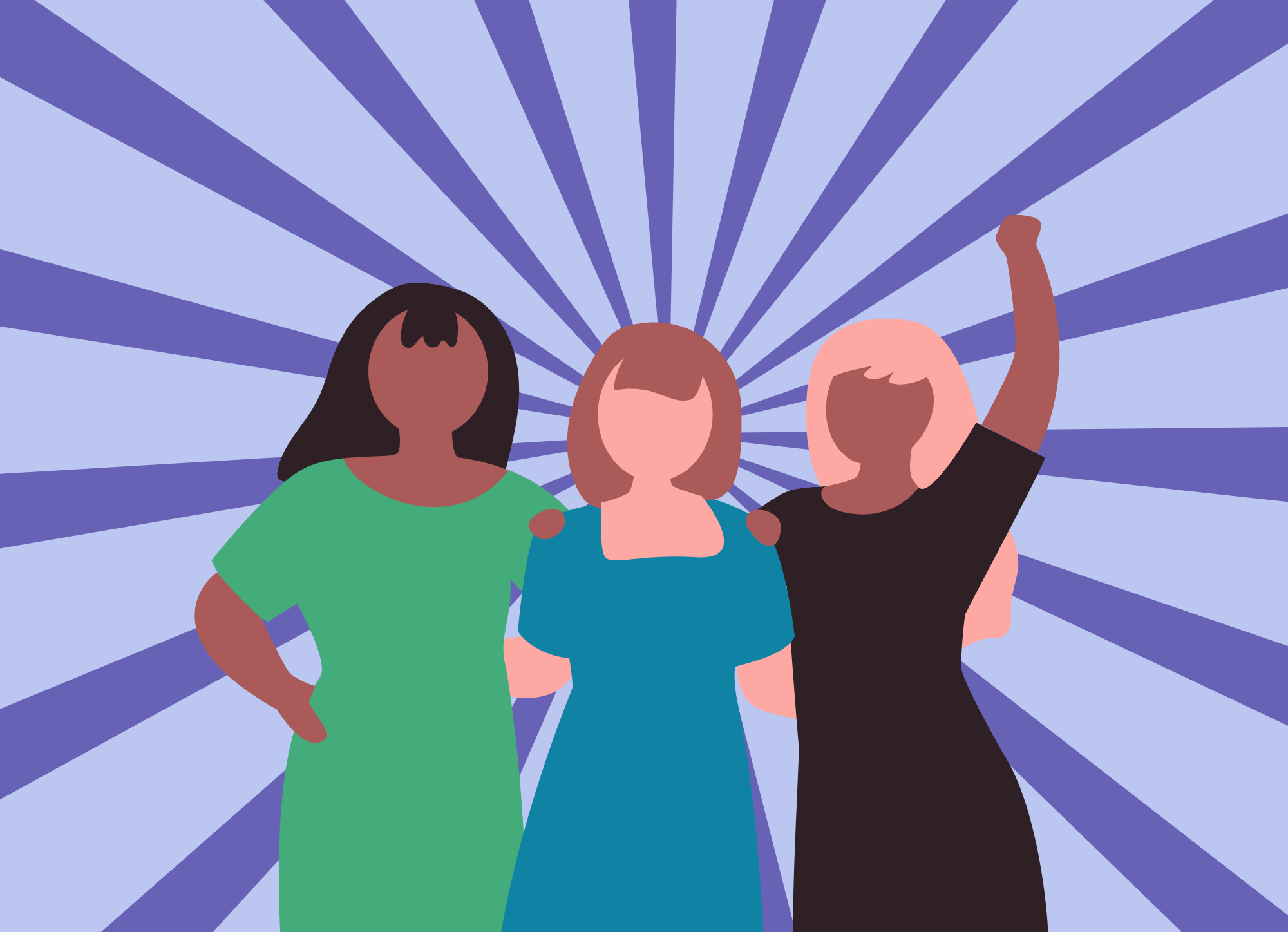 3 cartoon women in front of purple spiral background