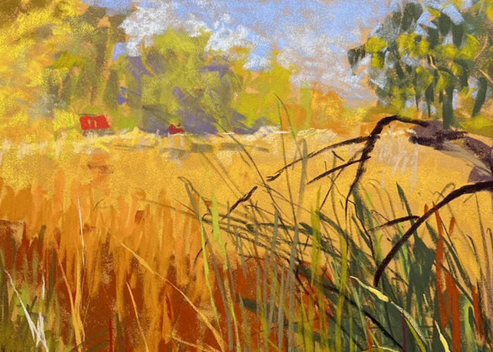 "Tall Grass" by Sandy Marvin - Painting - tall yellow grass with trees and sky beyond