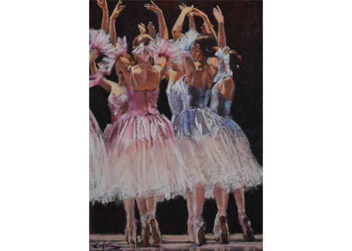 "Nutcracker Flowers en pointe" by Mitch Caster - painting of 6 ballerinas in pink and blue costumes with arms in the air standing on the tips of their toes, black background