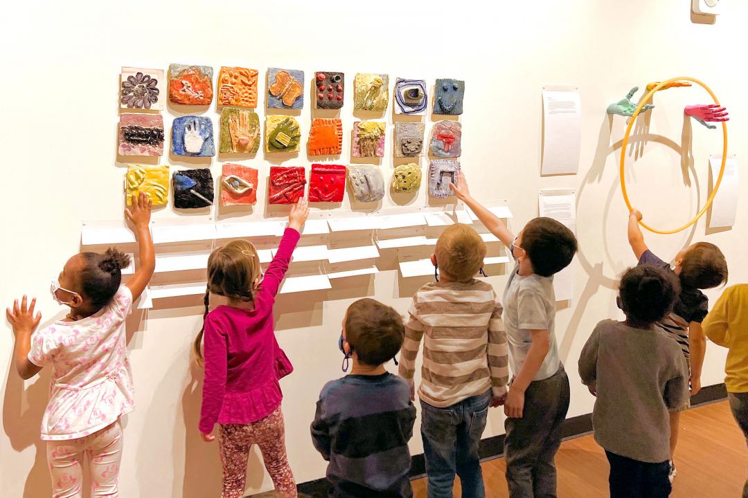 Ceramic tiles by students from the Colorado Center for the Blind and Lena LeBlanc, “Hoops Dancing and Flower Art, Isolation”, Shared Visions – Tactile Exhibition, November 2021