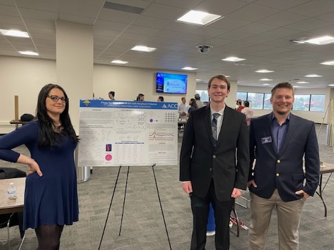 Pictured (left to right): Brittany Arriza, Hudson Neyer, and Dr. Jacob Johnson. Brittany and Hudson presented the poster on Photo Oxidation of Sulfides with Porphyrin Polymer.