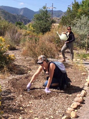 Denver Audubon staff member Megan Schulz (standing) helps Katrina Lenk, one of the morning’s 8 student volunteers, water newly planted seedlings at the Hummingbird Garden. 