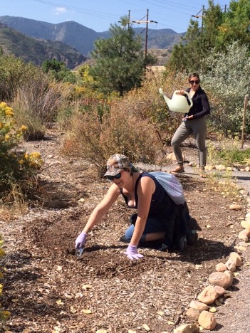 Denver Audubon staff member Megan Schulz (standing) helps Katrina Lenk, one of the morning’s 8 student volunteers, water newly planted seedlings at the Hummingbird Garden.