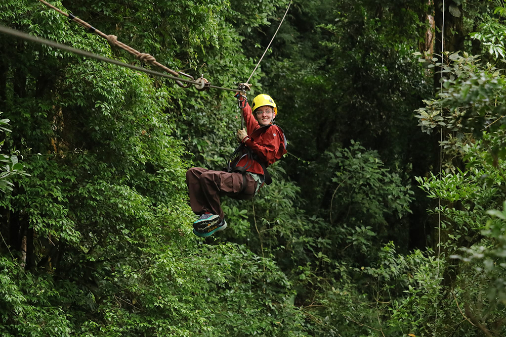 Lucy, ACC student, ziplining. Santa Elena Cloud Forest Reserve, zipline experience over the treetops. One of the favorites for all the students.