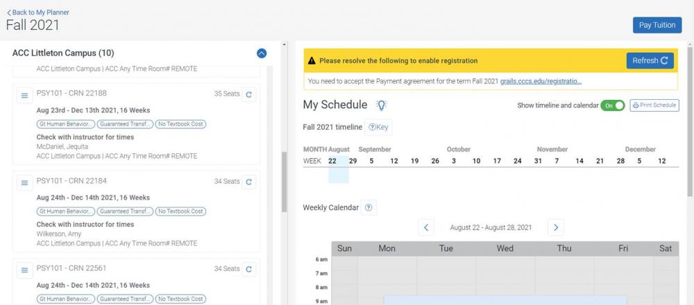 Navigate schedule page screenshot showing OER options as "No Textbook Cost"