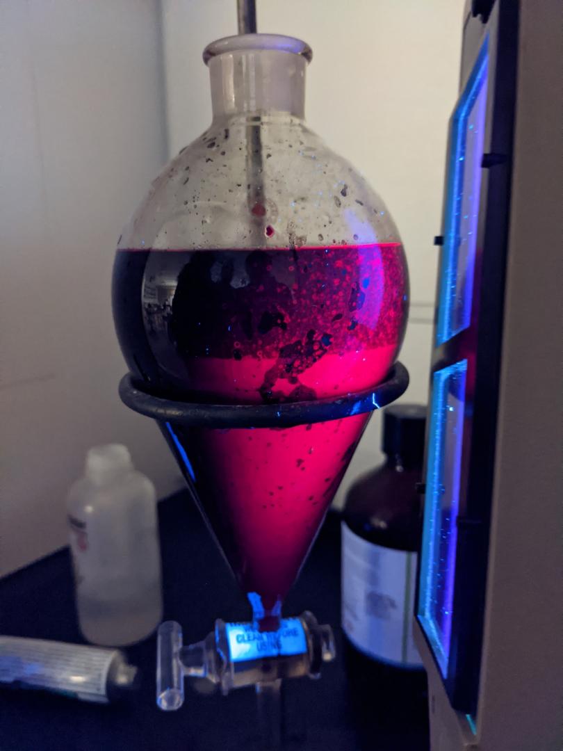 Fluorescence from our porphyrin dye solution under UV light in the ACC Chemistry lab - Littleton Campus.