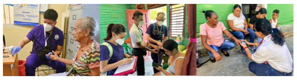 ACC students interacting with community members in the Dominican Republic in medical settings.