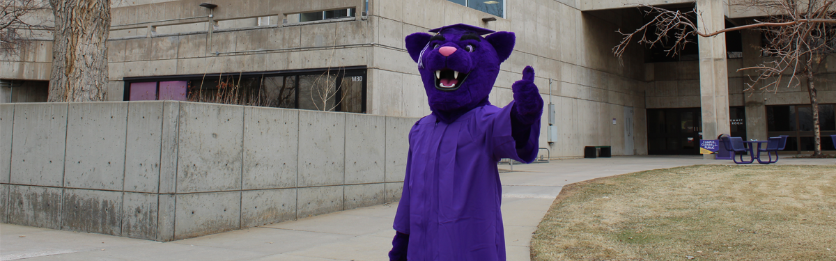 ACC Puma mascot wearing commencement regalia, giving a thumbs up outside of the Littleton Campus Main Building.