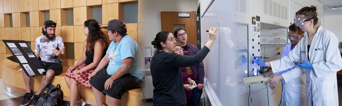 ACC students practicing presentation. ACC faculty and students at white board. ACC students with science equipment.