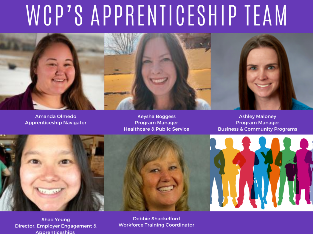 WCP's Apprenticeship Team - Amanda Olmedo (Apprenticeship Navigator), Keysha Boggess (Program Manager - Healthcare & Public Service), Ashley Maloney (Program Manager - Business & Community Programs), Shao Yeung (Director, Employer Engagement & Apprenticeships), Debbie Shackelford (Workforce Training Coordinator)