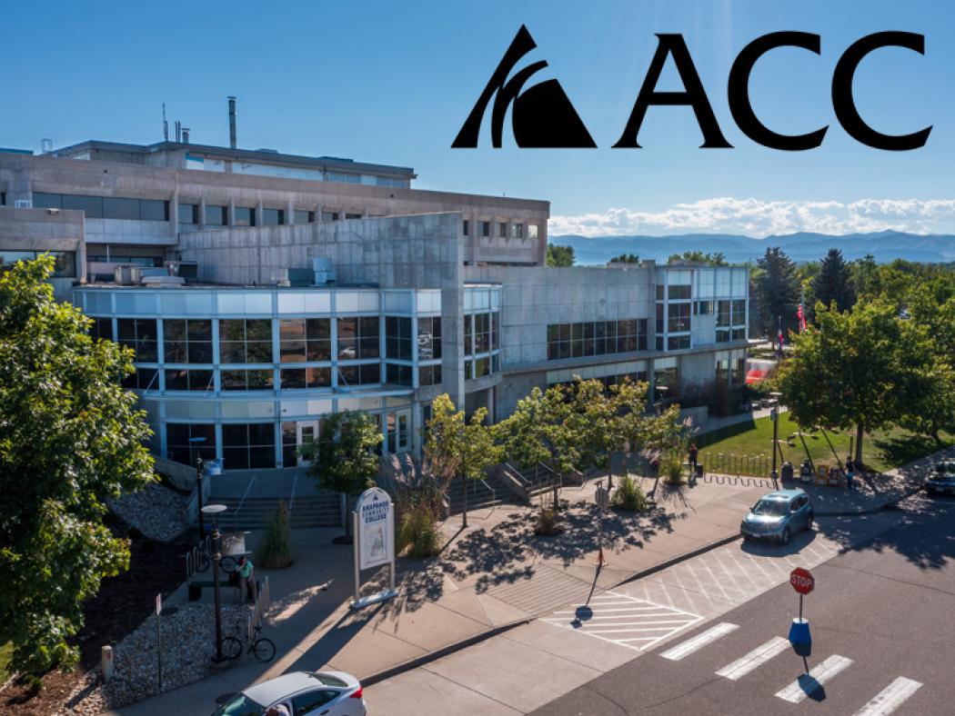ACC Littleton Campus main building aerial shot with ACC logo