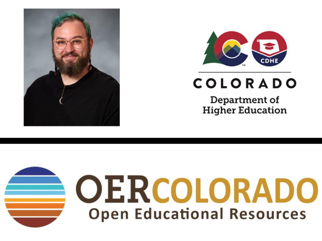 Photo of Mitch Cota, ACC Librarian, with Colorado Department of Higher Education and OER Colorado logos.