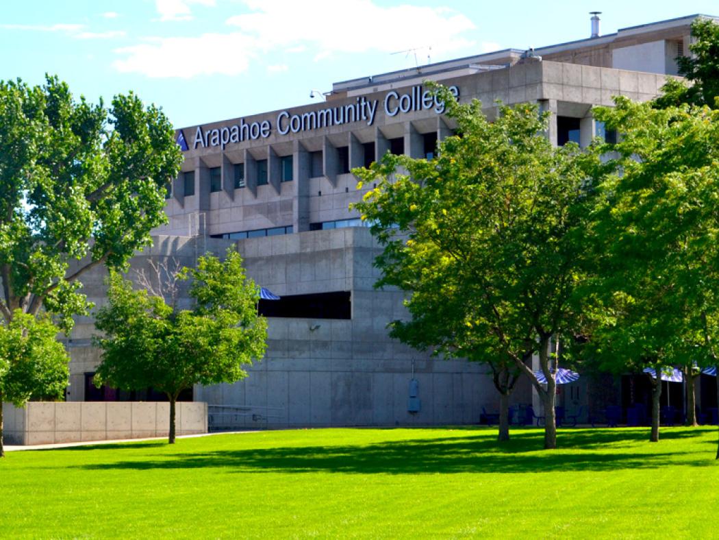 West side of ACC's main building on the Littleton Campus and west lawn.