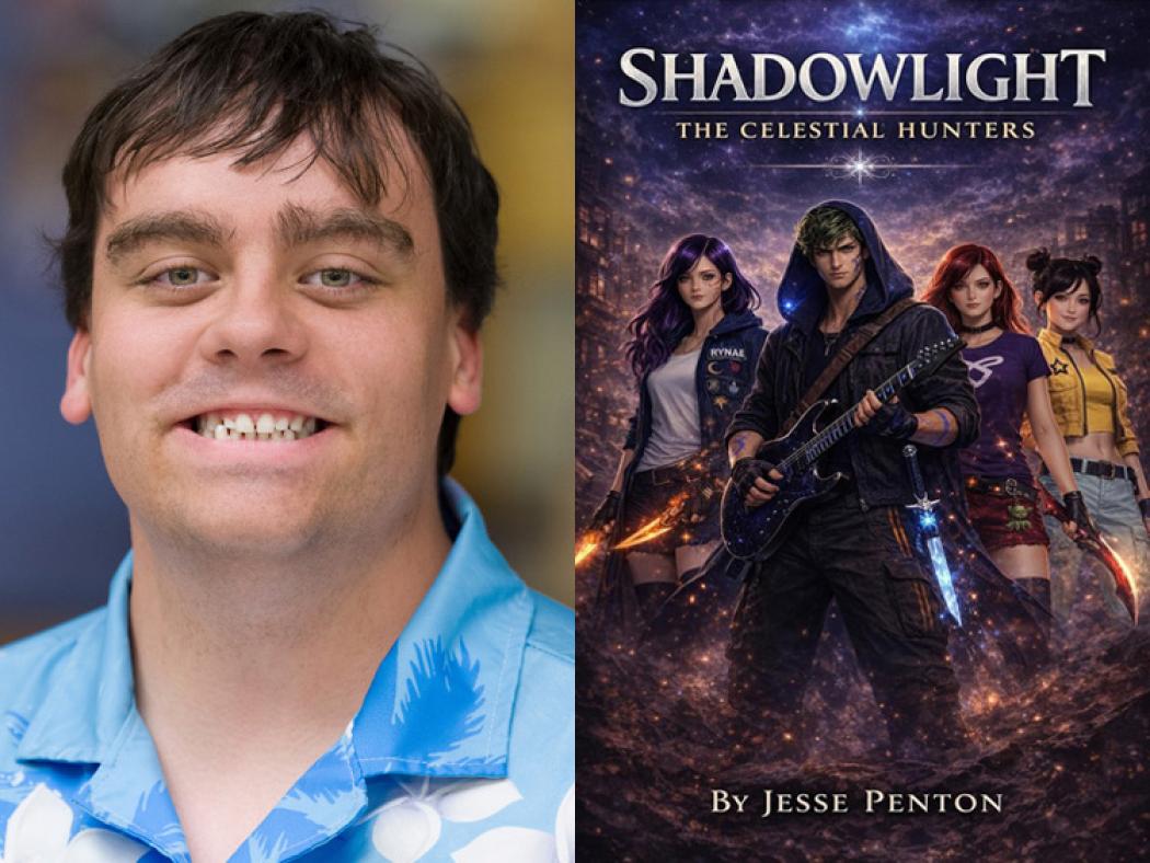 ACC Alum Jesse Penton (left) | "Shadowlight: The Celestial Hunters" book cover (right)