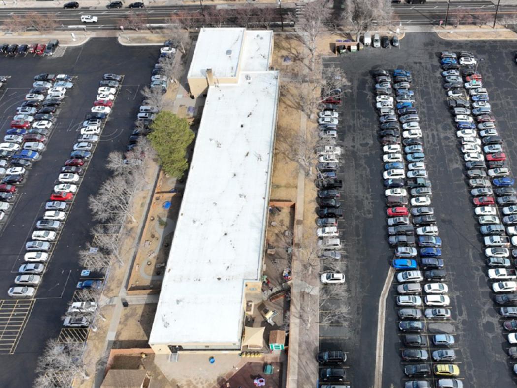 ACC parking lots A and B and the North Building from an aerial view.