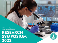 ACC Science Department and Career Services presents Research Symposium 2022 (woman looking in microscope in lab)
