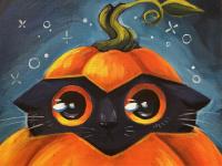 painting of black cat with its head peeking out of a pumpkin