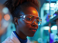 Young woman wearing safety goggles and a lab coat, smiling.