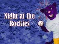 Night at the Rockies heading and Summit the ACC Puma mascot holding a baseball.