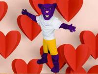 Summit (ACC's Puma Mascot) surrounded by giant red hearts