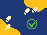 cartoon footprints crossing blue ocean from yellow land to yellow land with a green checkmark