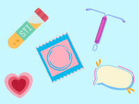 safe sex supplies (clipart) on a blue background