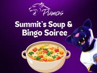 Summit's Soup & Bingo Soiree - bowl of soup on a purple background with ACC logo and Summit the Puma Mascot