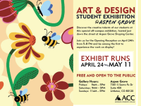 Aspen Grove Student Exhibition flyer with cartoon flowers and bees