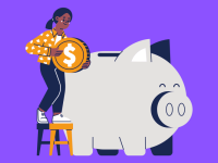 cartoon person on a ladder putting giant coins into a giant cartoon piggy bank