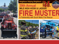 Firetrucks and response vehicles in a parade in downtown Littleton, Colorado. EMS personnel simulating response. Children's One helicopter with children touring. 