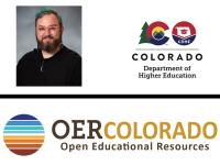 Photo of Mitch Cota, ACC Librarian, with Colorado Department of Higher Education and OER Colorado logos.